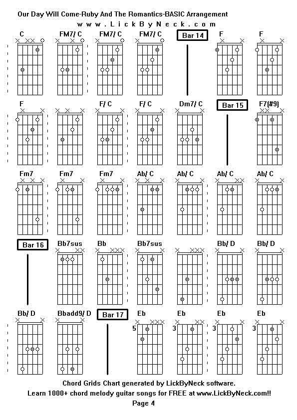 Chord Grids Chart of chord melody fingerstyle guitar song-Our Day Will Come-Ruby And The Romantics-BASIC Arrangement,generated by LickByNeck software.